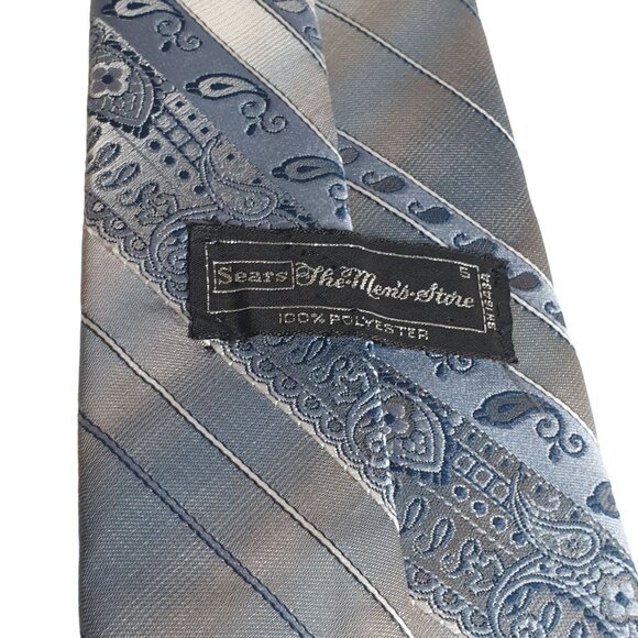 Sears The Mens Store Blue Paisley & Striped Tie 100% Polyester 57" Long - Picture 4 of 5